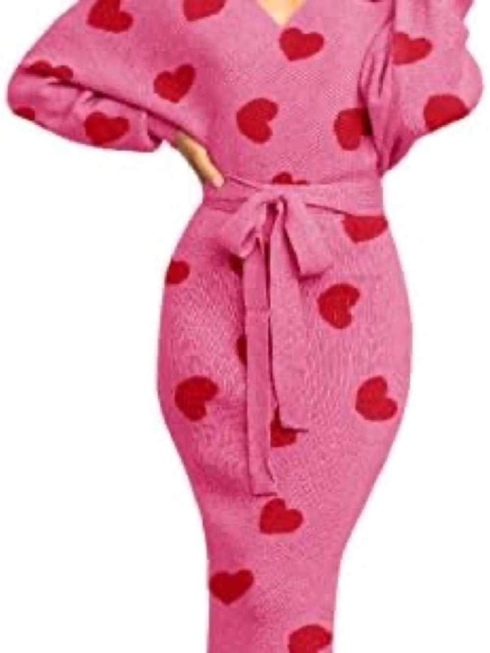 Amazon Pink Knit Midi Dress with Red Heart Print